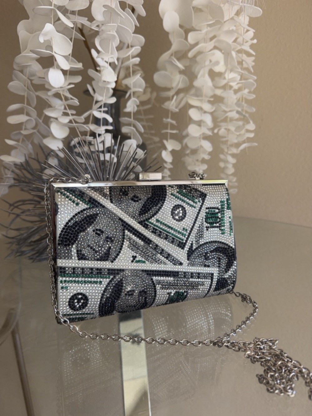 Crystal Money Print Evening Clutch - Silver & Green